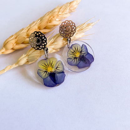 Cercei rotunzi cu panseluțe albastru cu galben