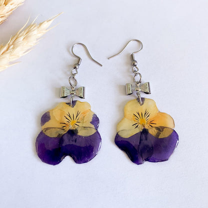 Cercei cu panseluțe mov cu galben și fundițe